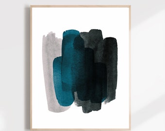 Turquoise Abstract Print, Modern Minimal Painting, Blue Watercolor Art, Modern Scandinavian Print, Water Color Art, black and turquoise art