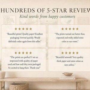 The image is a collage of four images, each featuring a different description of a "Beautiful print" from a 5-star review. The images show the quality of the print, the packaging, and the colors, as well as the overall impression of the print.
