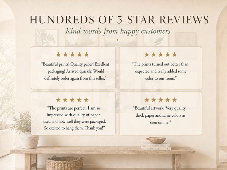 The image is a collage of four images, each featuring a different description of a "Beautiful print" from a 5-star review. The images show the quality of the print, the packaging, and the colors, as well as the overall impression of the print.