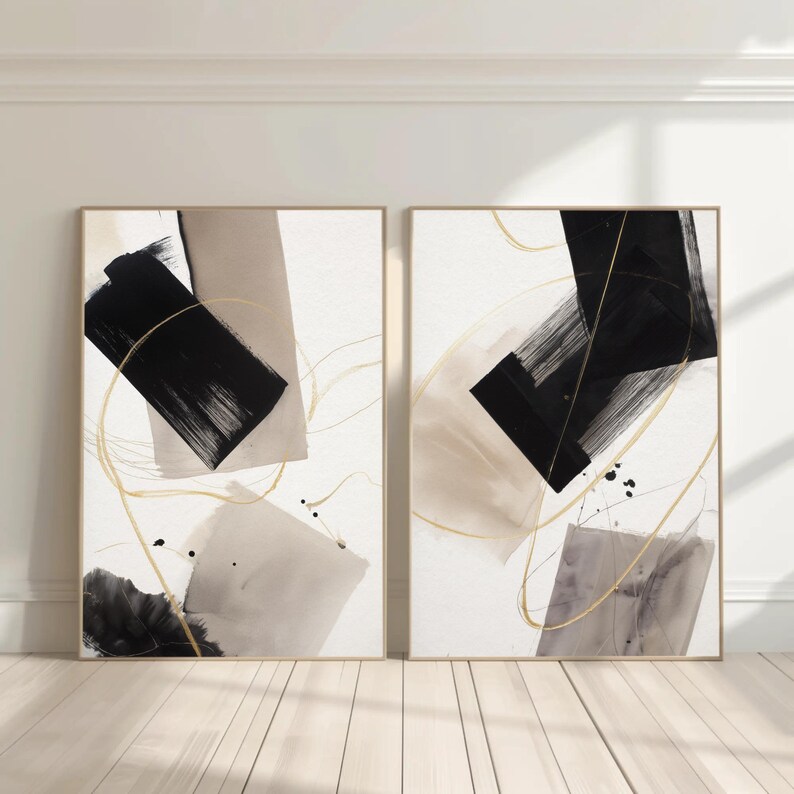 Modern Black and Gold Abstract Wall Art | Minimalist Neutral Print - Etsy
