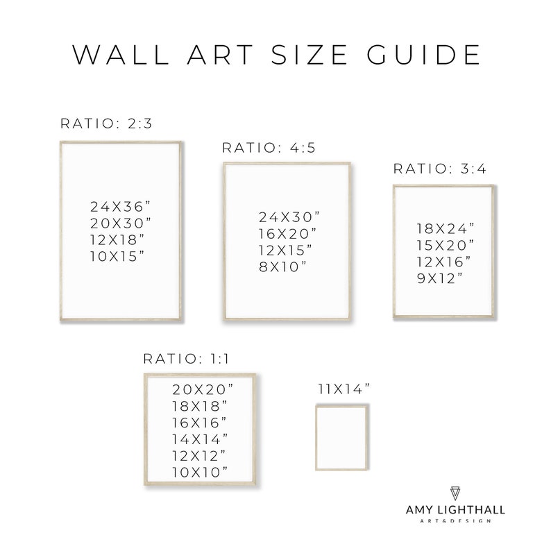 May include: A wall art size guide with different ratios and corresponding dimensions in inches. The ratios are 2:3, 4:5, 3:4, and 1:1. The dimensions are listed in inches, for example, 24x36 inches, 20x30 inches, 12x18 inches, 10x15 inches, 16x20 inches, 18x24 inches, 15x20 inches, 12x16 inches, 9x12 inches, 20x20 inches, 18x18 inches, 16x16 inches, 14x14 inches, 12x12 inches, 10x10 inches, and 11x14 inches.