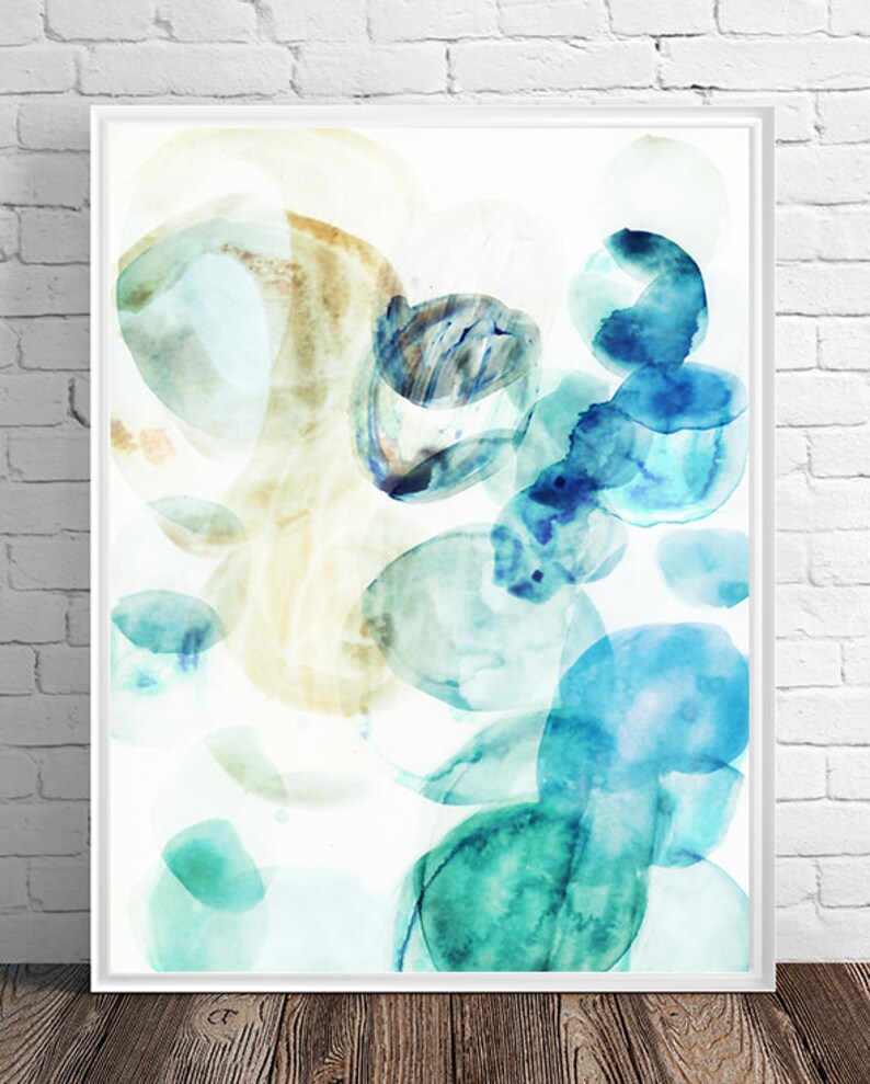 Abstract Teal Print Horizontal Wall Art Modern Blue Poster Etsy