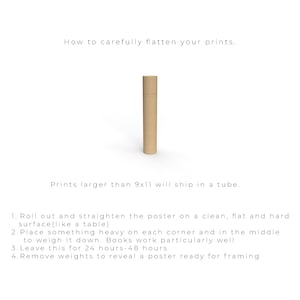 May include: How to carefully flatten your prints. Prints larger than 9x11 inches will ship in a tube. Roll out and straighten the poster on a flat surface. Place heavy objects on each corner and in the middle to weigh it down. Leave for 24-48 hours. Remove weights to reveal a poster ready for framing.