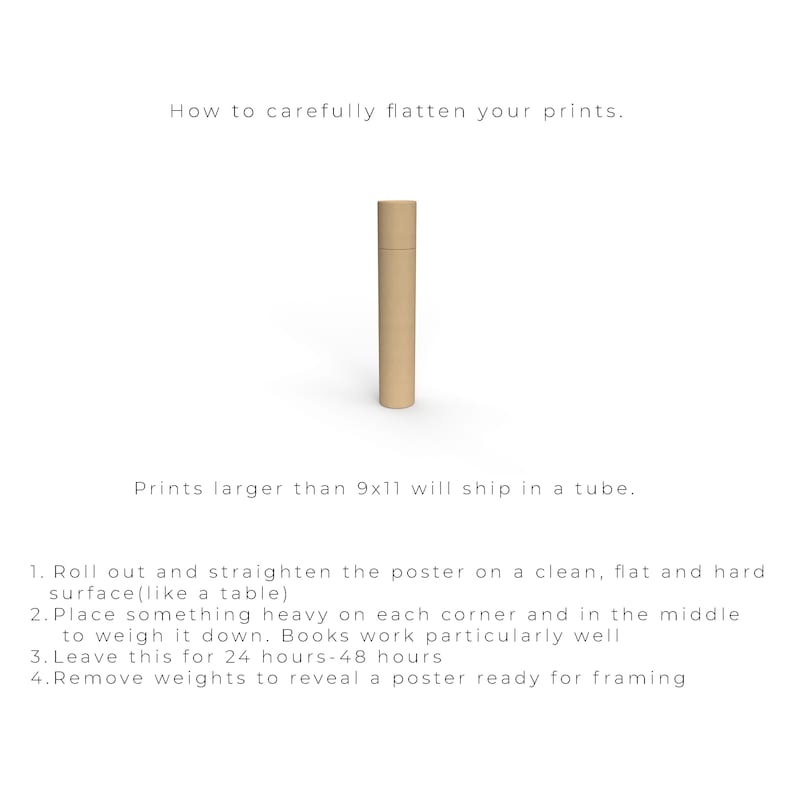 May include: How to carefully flatten your prints. Prints larger than 9x11 inches will ship in a tube. Roll out and straighten the poster on a flat surface. Place heavy objects on each corner and in the middle to weigh it down. Leave for 24-48 hours. Remove weights to reveal a poster ready for framing.