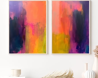 Abstract Art Prints: Hot Pink, Teal, Orange, Yellow - Set of 2
