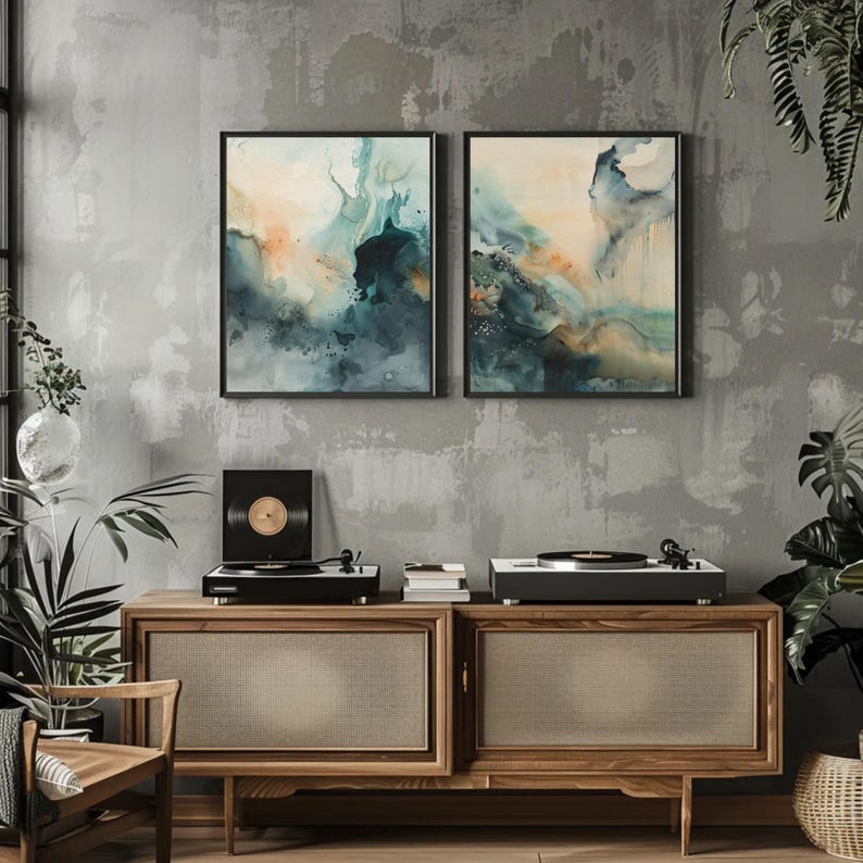 Conjunto de láminas de arte abstracto verde: tonos beige modernos imagen 4
