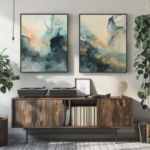 Conjunto de láminas de arte abstracto verde: tonos beige modernos imagen 3