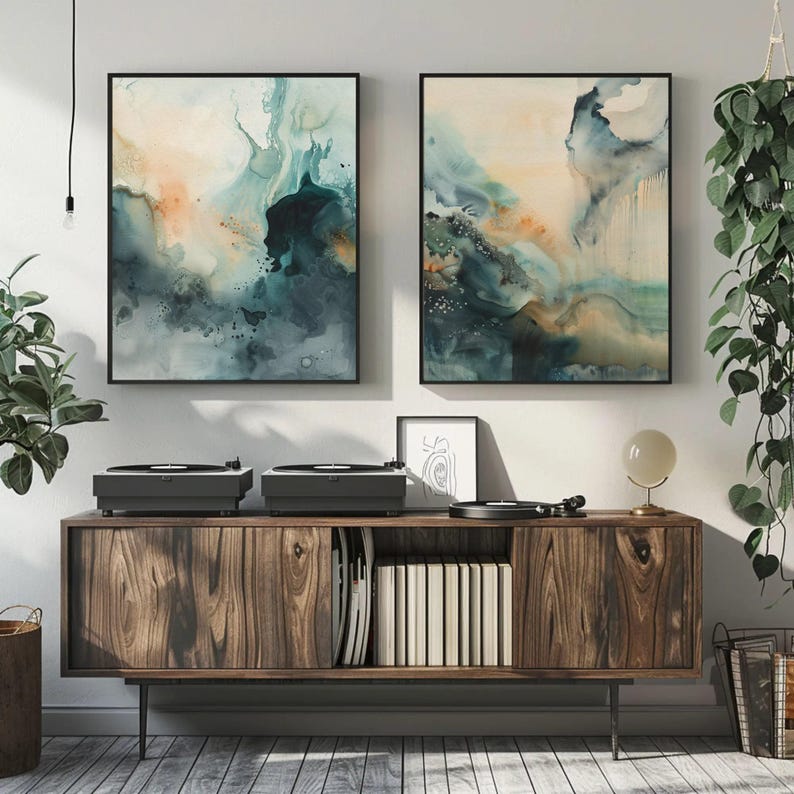 Conjunto de láminas de arte abstracto verde: tonos beige modernos imagen 3