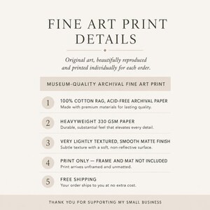 The image is a fine art print details page that provides information about the fine art print process. It includes details about the materials used, such as 100% cotton rag and acid-free archival paper, as well as the print quality, which is described as a heavyweight paper with a smooth matte finish. The page also mentions that the print is available for frame and mat, and it is free of shipping. The text is straightforward and informative, without any redundancy or vague wording.