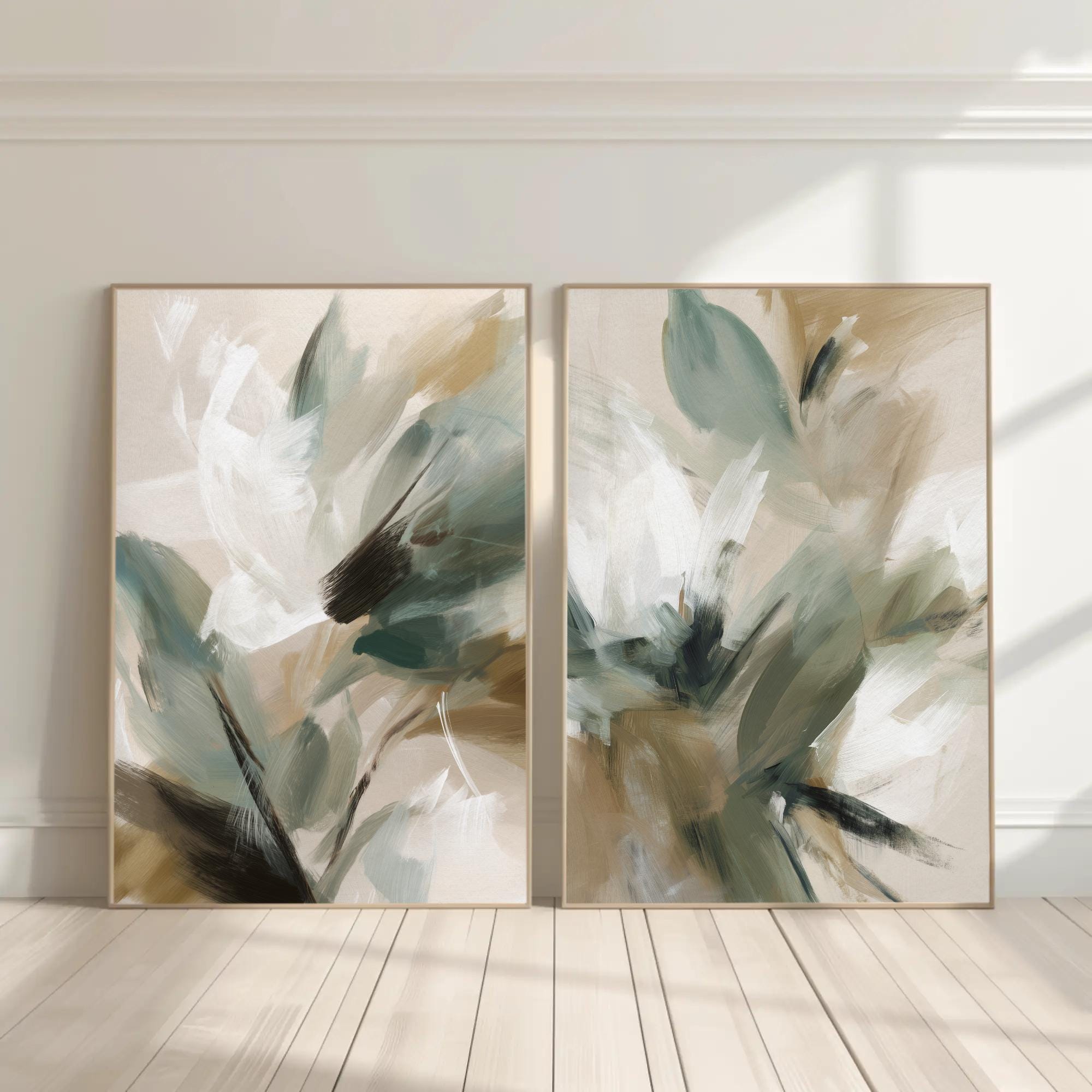 Neutral Botanical Abstract Wall Art | Sage Green and Beige Modern Print ...