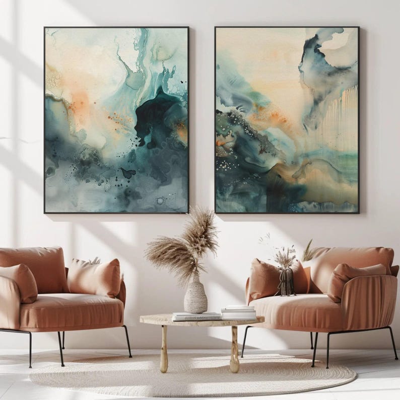 Conjunto de láminas de arte abstracto verde: tonos beige modernos imagen 2