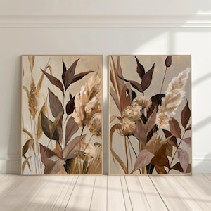 Lámina de arte botánico neutro / Decoración de pared con flores secas en tonos tierra, marrón y malva.