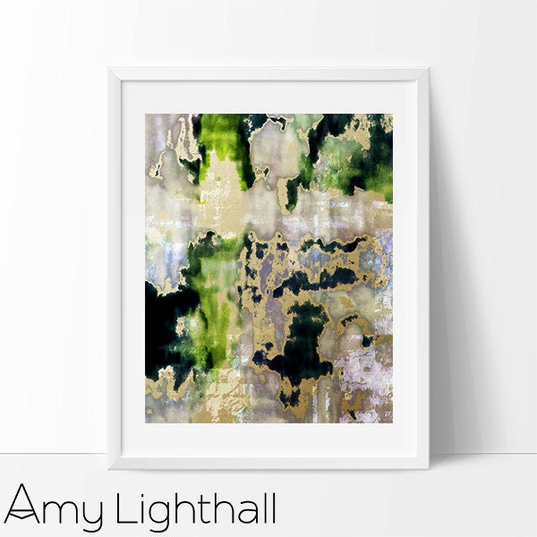 Abstract art, watercolor, blue, green, gold, modern painting print, mid century art, abstract art, modern art