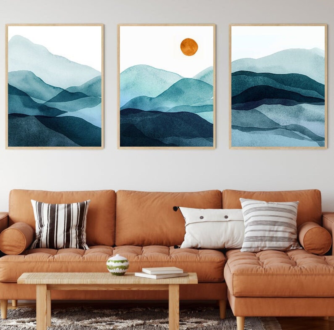 Teal Blue Mountain Prints - Set of 3 Abstract Wall Art - Etsy