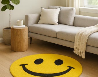 Tappeto trapuntato con faccina sorridente / Tappeto rotondo giallo / Tappeto morbido fatto a mano / Tappetino moderno / Soggiorno, Camera da letto, Camera dei bambini, Corridoio / Stile rustico