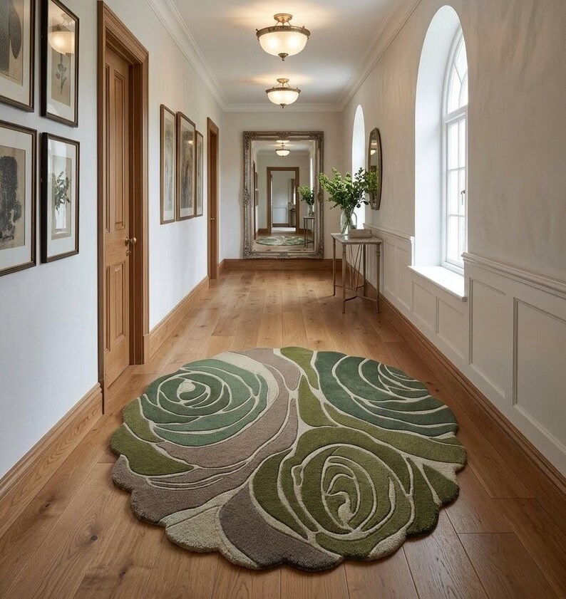 Green Abstract Floral Round Rug | Modern Wool Tufted Carpet | Artistic ...