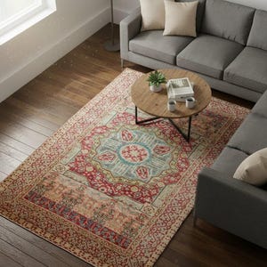 Dywan wełniany Ruby Kashan Medallion, ręcznie tkany | Bidjar | Salon, sypialnia, korytarz, wejście | Czerwony, zielony, beżowy