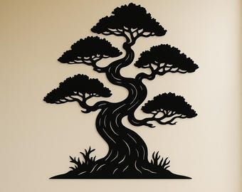 Archivo SVG para corte láser DXF de arte mural de metal con forma de árbol bonsái (descarga digital)