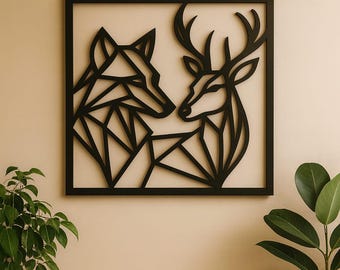 Arte geométrico de pared de metal con lobo y ciervo: decoración nórdica rústica (DXF)