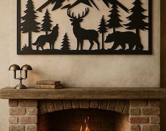 Escena de vida silvestre de montaña SVG / Ciervo, oso, lobo, bosque / Archivo de corte láser DXF / Corte de plasma CNC / Glowforge Cricut / Arte de pared rústico