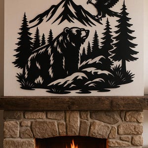 Bear Scene with Eagle DXF for CNC Laser Cutting, Mountain Range Svg, Wildlife Cutting Files for Cricut, Sublimation Design, DIY Wall Art