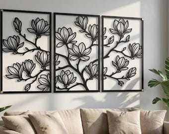 Paquete de archivos SVG y DXF de arte mural floral de magnolia / Archivo de corte láser de flores de 3 paneles / Diseño de corte por plasma CNC / Vector de decoración botánica para pared