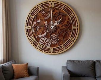 Plantilla de reloj de engranajes steampunk cortada con láser / Arte mural multicapa (Descarga digital)