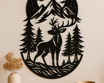 Arte de pared de metal con escena de bosque de ciervos, decoración cortada con láser CNC (SVG, DXF)