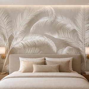 Vintage Floral Wallpaper Design for Digital Print, Seamless Palm Leaf Wall Mural EPS, Large Format Removable Wallpaper Vector Pattern Boho
