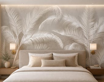 Diseño de papel tapiz floral vintage para impresión digital, mural de pared de hojas de palma sin costuras EPS, patrón vectorial de papel tapiz removible de gran formato estilo boho.