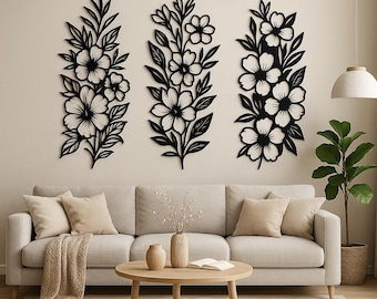 Paquete de arte floral de pared de metal SVG DXF / Archivo cortado por láser / Diseño cortado por plasma CNC / Glowforge Cricut xTool / Decoración de pared de flores vectorial