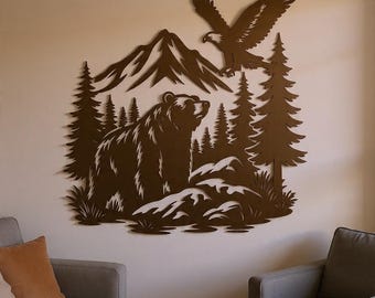 Escena de osos en la montaña SVG / Archivo de corte por plasma CNC DXF / Diseño de arte mural de metal con fauna silvestre / Escena de osos en el bosque cortada con láser / Glowforge Cricut xTool