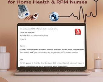 Op de afbeelding: Een laptop toont een document met de titel "Alert Escalation SOP for Home Health & RPM Nurses". De afbeelding bevat een stethoscoop, een bloeddrukmeter en een pulsoximeter. Het document beschrijft een proces voor het reageren op vitale tekenwaarschuwingen.