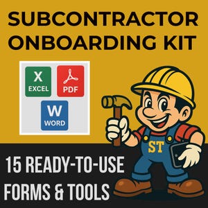 May include: An image promoting a subcontractor onboarding kit. It shows a cartoon builder with a hammer and tablet. Text includes "SUBCONTRACTOR ONBOARDING KIT" and "15 READY-TO-USE FORMS & TOOLS". Excel, PDF, and Word icons are also present.