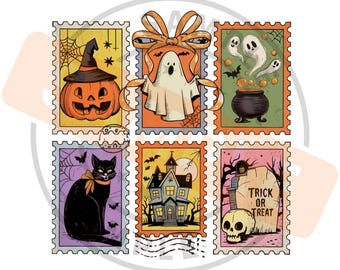 Retro Halloween Stamps PNG SVG | Spooky Cat, Ghost, Pumpkin (Digital Download)