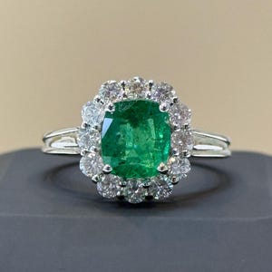 18k Gold Natural Cushion Cut Emerald and Diamond Ring - Wedding Ring Jewellery