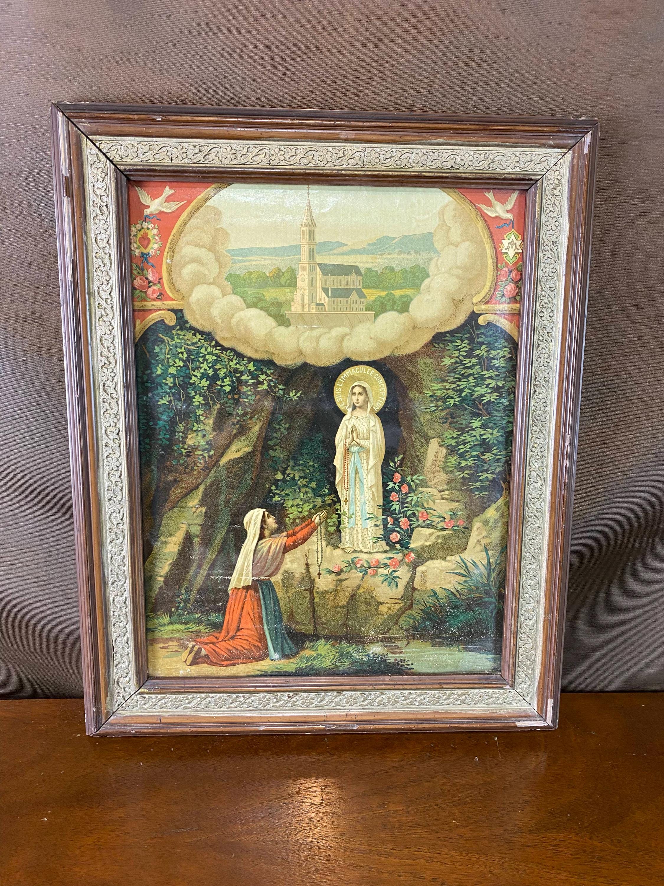 Stunning Antique French Religious Lithograph - Our Lady of Lourdes with Saint Bernadette - Ornate Wood Frame