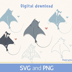 May include: Digital download graphic featuring stylized manta rays in various shades of blue and grey, with a decorative outline version. Small red hearts and the text "SVG and PNG" are included. TheGraphicforest logo is in the bottom right.