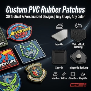 May include: A selection of custom PVC rubber patches in diverse shapes and colours. The image displays various designs, including an Adventure Club logo, a wolf head, and a military emblem. Options for iron-on, Velcro, sew-on, and magnetic backing are shown.