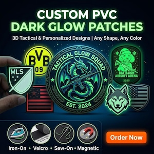 May include: Custom PVC dark glow patches with 3D tactical and personalized designs. Patches include a soccer logo, a dragon with a gun, a wolf, and an American flag. The patches glow in the dark and can be ironed on, attached with velcro, sewn on, or magnetized.