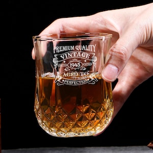 80th Birthday Aged to Perfection – 80 Year Old Gifts Bourbon Scotch Whisky Tumbler Glass & Coaster Set - Vintage 1945 Engraved Whiskey Glass