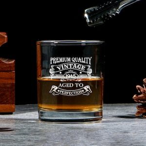 80th Birthday Aged to Perfection – 80 Year Old Gifts Bourbon Scotch Whisky Tumbler Glass & Coaster Set - Vintage 1945 Engraved Whiskey Glass