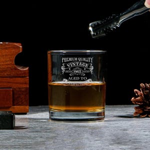 60th Birthday Aged to Perfection – Vintage 1965 Engraved Whiskey Glass - 60 Year Old Gifts Bourbon Scotch Whisky Tumbler Glass & Coaster Set