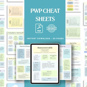 Op de afbeelding: Een verzameling PWP-spiekbriefjes weergegeven als digitale download, met dertig pagina's aan educatieve inhoud. Het centrale tabletscherm toont beoordelingsvaardigheden, omringd door diverse informatieve documenten in zachte pastelkleuren.