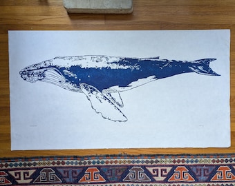 Humpback Whale original handmade linocut print linoleum block print