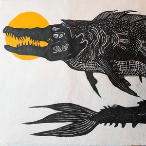 Jumbo Sea Monster original handmade linocut print linoleum block print