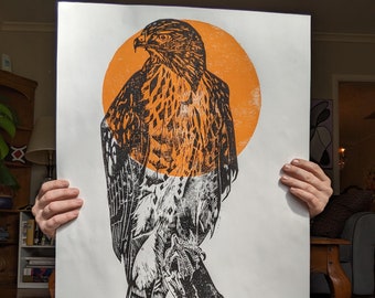 Roodstaartbuizerd originele handgemaakte grote linosnede print linoleum gesneden print op papier