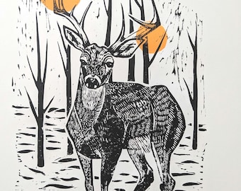 Night Deer original linocut print