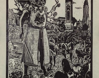 Cat Kali Crusader original handmade woodblock woodcut print