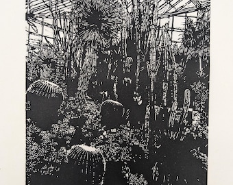 Bring the Plants Inside for Winter original handmade linocut print on paper